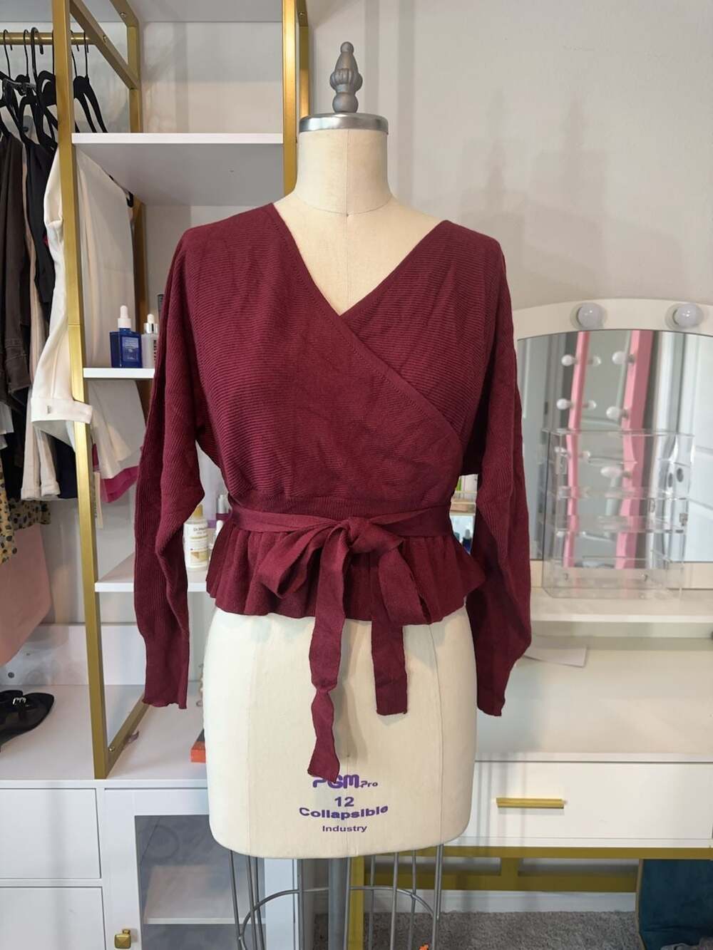 Burgundy Ribbed Wrap Tie Waist Peplum Sweater Size S